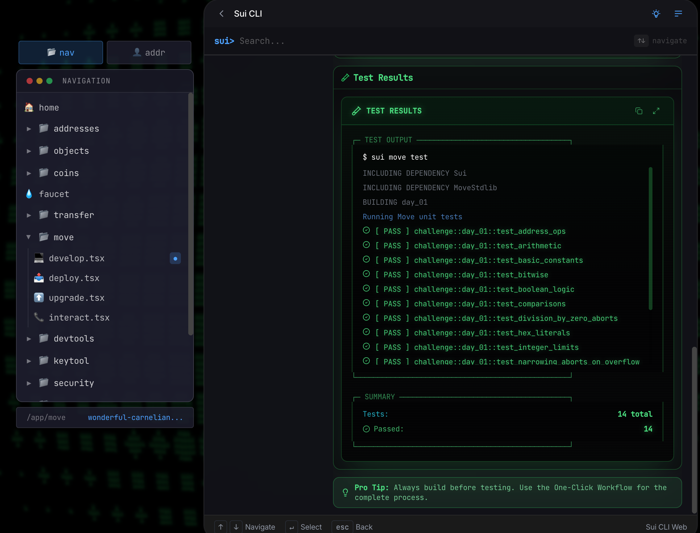 Sui CLI Web test results - 14 tests passed