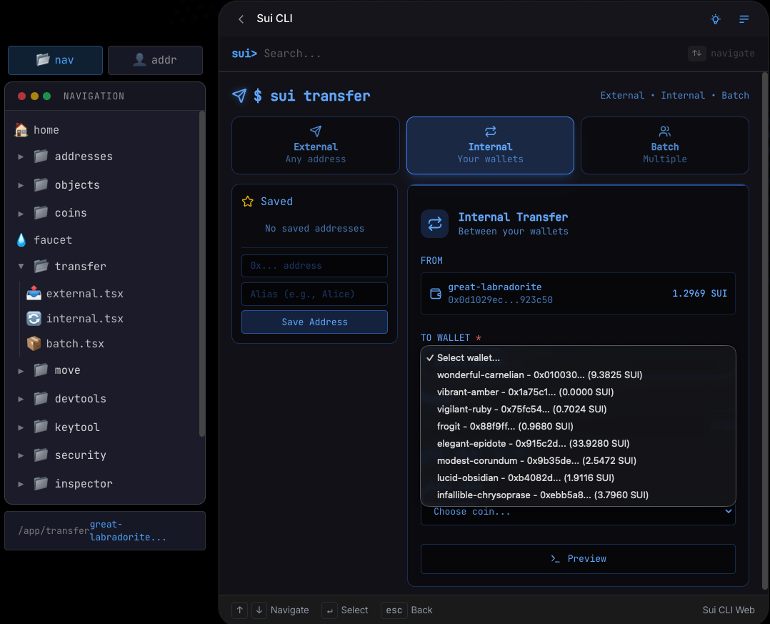 Transferring SUI tokens in Sui CLI Web